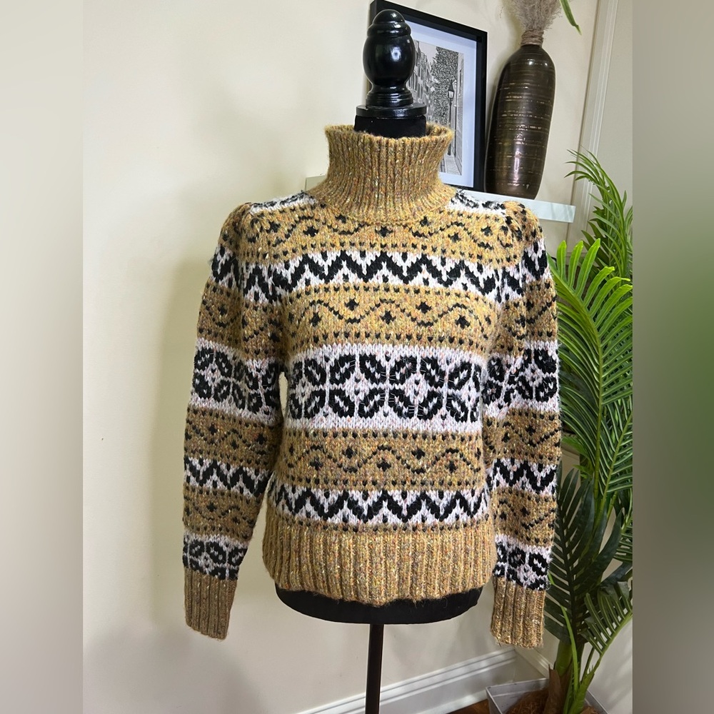 ZARA Jacquard Beaded Mustard Yellow Chunky Knit Turtleneck Sweater Medium
